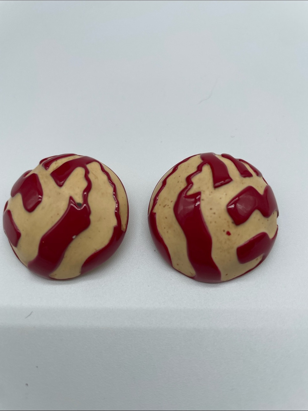 Lanvin Paris Red and Beige Abstract Dome Clip-On Earrings